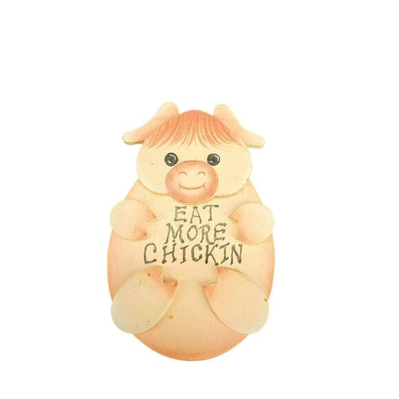 Eat More Chicken Piggy‎ Pig Handmade Wooden Pink Refrigerator Fridge Magnet - Picture 1 of 7